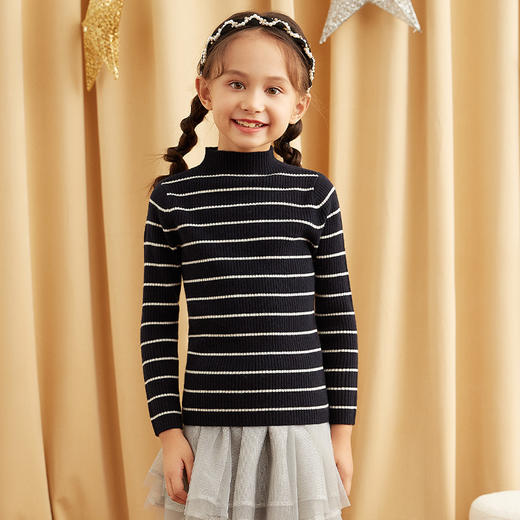 METTE羊绒世家女童中大童100%山羊绒衫时尚半高领坑条纹弹力保暖毛衣 商品图8
