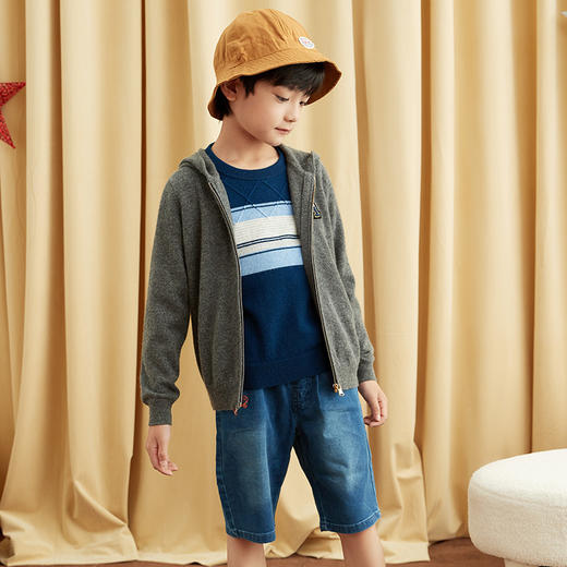 METTE羊绒世家童装中大童2020秋新款100%山羊绒衫男宝圆领保暖条纹毛衣 商品图3