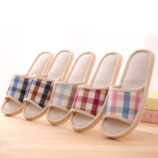 【服饰鞋包】格子男女情侣日版条纹室内亚麻拖鞋棉麻家居地板拖鞋eva厚底耐磨 商品图0