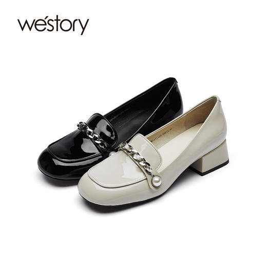 westory2021秋季新款漆皮浅口粗跟皮鞋链条圆头单鞋S21CM71711 商品图0