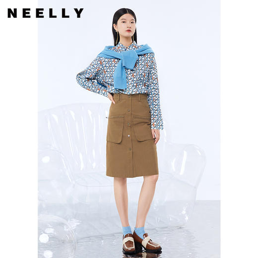 NEELLY纳俪商场同款单排扣大口袋设计半身裙女高腰中长裙秋季新款N21082E01158 商品图2