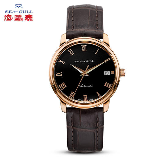 海鸥薄型商务单历玫瑰金色自动机械表519367