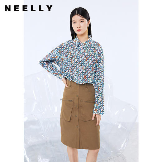 NEELLY纳俪商场同款单排扣大口袋设计半身裙女高腰中长裙秋季新款N21082E01158 商品图3