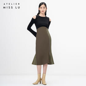 【散尾花】橄榄绿拼皮拉链高腰半裙/000113