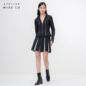 【波尔茨】不规则拼缝设计黑色撞色A字半裙/000114