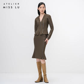 【银河之境】流畅曲线拉链拼接设计苔绿长袖造型外套/00212