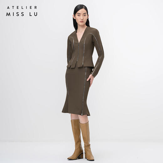 【银河之境】流畅曲线拉链拼接设计苔绿长袖造型外套/00212 商品图0