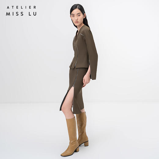 【花序】拉链拼接设计苔绿高腰半裙/000116 商品图1