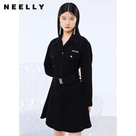 NEELLY纳俪气质翻领牛仔连衣裙女秋季单排扣可调节腰带A字中长款N21082Y01151 商品图1