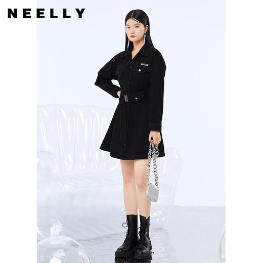 NEELLY纳俪气质翻领牛仔连衣裙女秋季单排扣可调节腰带A字中长款N21082Y01151 商品图3