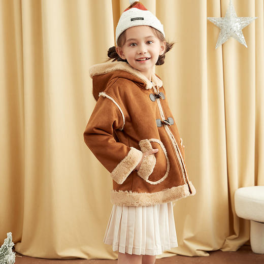 METTE童装仿麂皮加绒外套2020秋冬中大童女童保暖牛角扣连帽上衣 商品图2