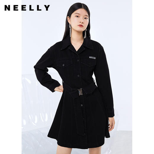 NEELLY纳俪气质翻领牛仔连衣裙女秋季单排扣可调节腰带A字中长款N21082Y01151 商品图0