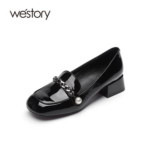 westory2021秋季新款漆皮浅口粗跟皮鞋链条圆头单鞋S21CM71711 商品图1