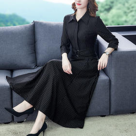 新款女装复古条纹连衣裙气质时尚过膝大摆长裙 XY-YM4996