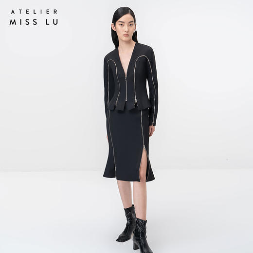 【花序】拉链拼接设计黑色高腰半裙/000116A 商品图2