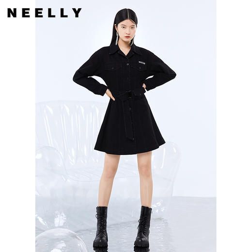 NEELLY纳俪气质翻领牛仔连衣裙女秋季单排扣可调节腰带A字中长款N21082Y01151 商品图2
