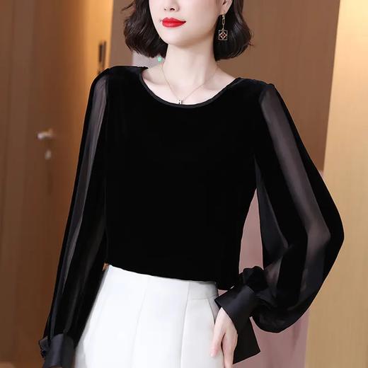 JH8846 金丝绒上衣女2021秋装新款时尚法式复古圆领高级丝绒拼接上衣女 商品图2