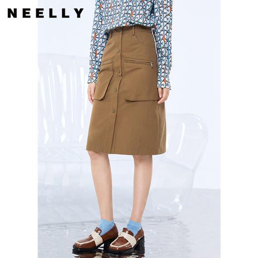 NEELLY纳俪商场同款单排扣大口袋设计半身裙女高腰中长裙秋季新款N21082E01158 商品图1