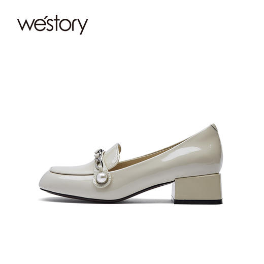 westory2021秋季新款漆皮浅口粗跟皮鞋链条圆头单鞋S21CM71711 商品图2
