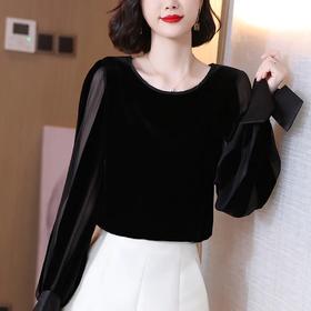 JH8846 金丝绒上衣女2021秋装新款时尚法式复古圆领高级丝绒拼接上衣女