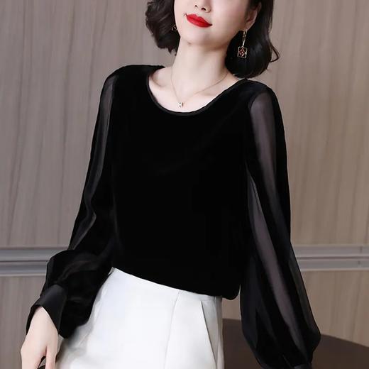 JH8846 金丝绒上衣女2021秋装新款时尚法式复古圆领高级丝绒拼接上衣女 商品图3