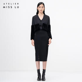 【茸茸奶糖】仿兔毛拼接黑色长袖造型外套/00208