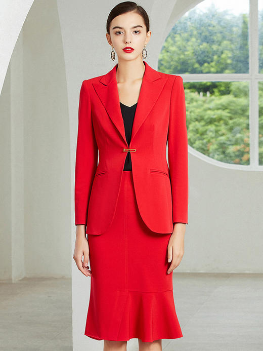 IWY/高端时尚红色西装套裙女休闲外套名媛西服鱼尾裙套装气质203177C1S3 商品图0