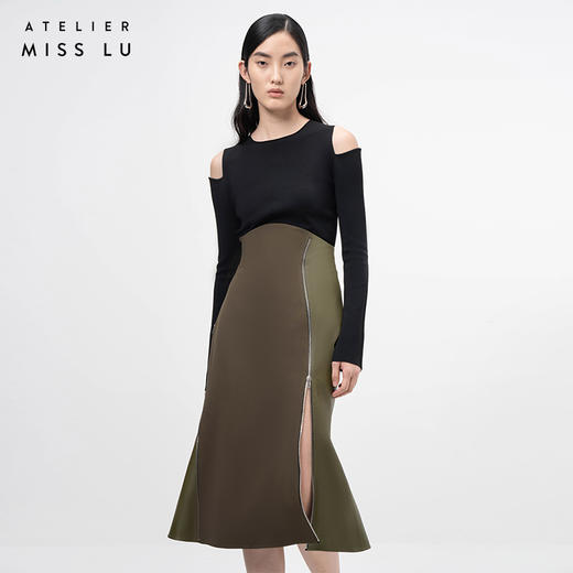 【散尾花】橄榄绿拼皮拉链高腰半裙/000113 商品图2