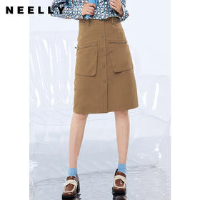 NEELLY纳俪商场同款单排扣大口袋设计半身裙女高腰中长裙秋季新款N21082E01158