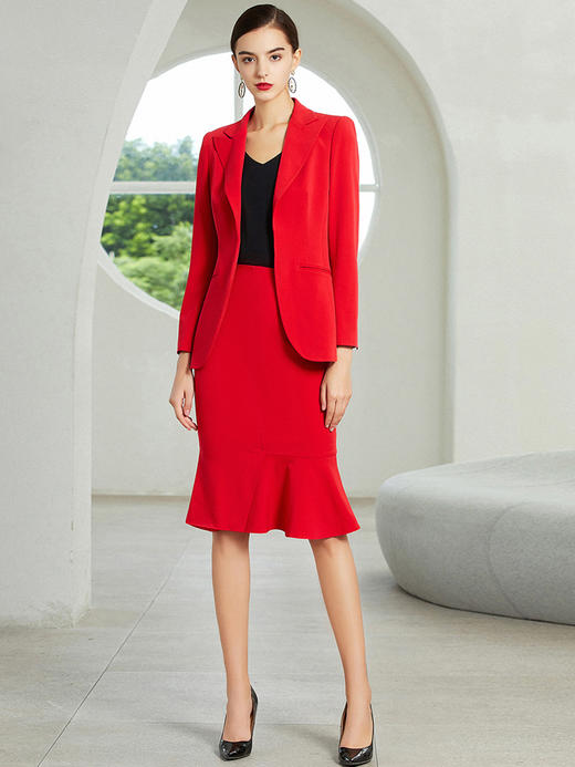 IWY/高端时尚红色西装套裙女休闲外套名媛西服鱼尾裙套装气质203177C1S3 商品图1