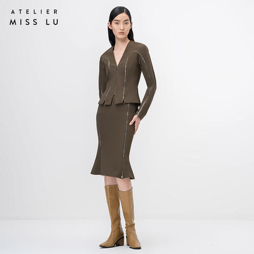 【花序】拉链拼接设计苔绿高腰半裙/000116 商品图0