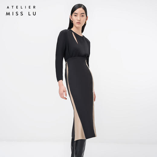 【散尾花】黑色拼皮拉链撞色高腰半裙/000113A 商品图2