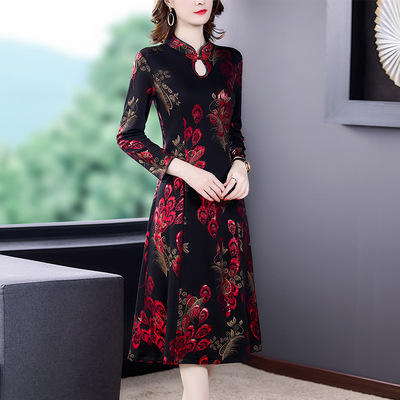 AHM- ymy5116 旗袍连衣裙女2021秋季新款中国风复古优雅阔太太喜婆婆婚宴中长裙 商品图1