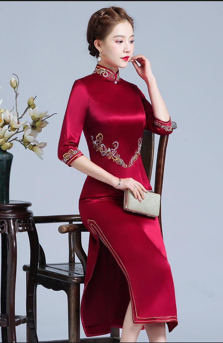 ysn 2031高端刺绣大码醋酸缎旗袍