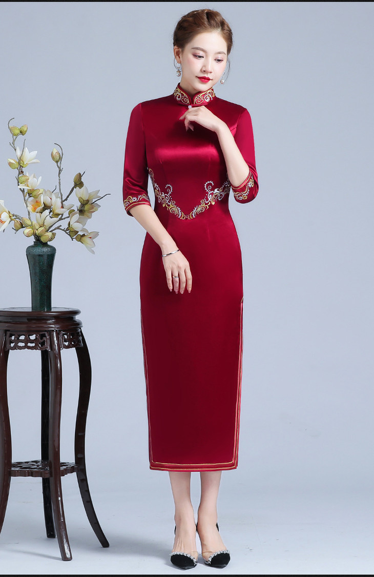 ysn 2031高端刺绣大码醋酸缎旗袍