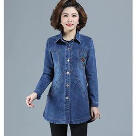 TZF-WKKHYS210920新款时尚气质休闲翻领长袖中长款刺绣牛仔外套