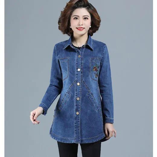 TZF-WKKHYS210920新款时尚气质休闲翻领长袖中长款刺绣牛仔外套 商品图0