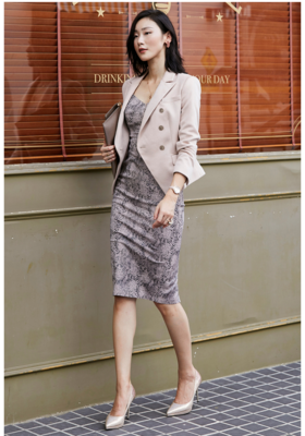 WT5XC4589颈袖添香新款气质修身时尚ol女装套装粉色西装套裙 女装气质时尚OL装套装粉色西装套裙单西