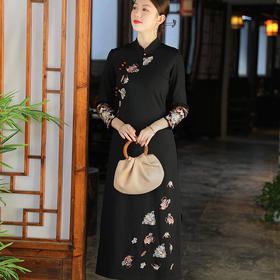 上海旗袍厂KDS-2176中国风女装秋冬新款立领刺绣罗马棉修身中长款连衣裙改良旗袍