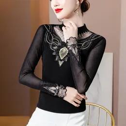 MZ115989新款亮丝网纱蕾丝半高领刺绣小衫上衣 商品图0