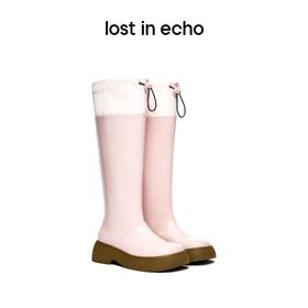 lost in echo尼⻰布拼接⽪料⾼筒时装雨靴长靴超轻