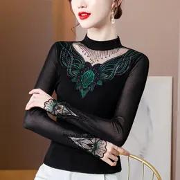 MZ115989新款亮丝网纱蕾丝半高领刺绣小衫上衣 商品图1