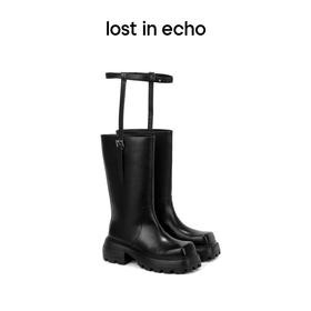 【下架】lost in echo 方头绑带超轻厚底膝下靴皮靴西装靴