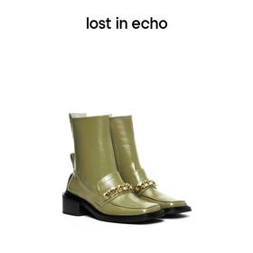 【下架】lost in echo 方头链条乐福窄筒短靴皮靴