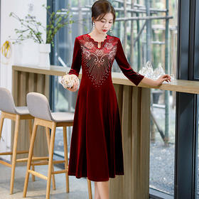 上海旗袍厂BJ-9013秋冬新款韩国绒长款大摆旗袍 复古改良妈妈装旗袍连衣裙