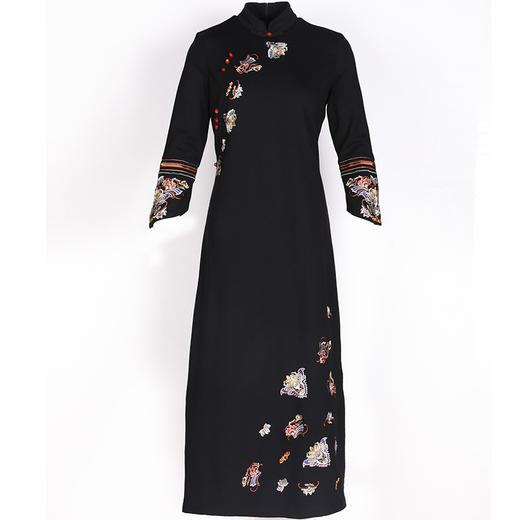 上海旗袍厂KDS-2176中国风女装秋冬新款立领刺绣罗马棉修身中长款连衣裙改良旗袍 商品图4