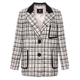 黑白格纹撞色黑边西装外套