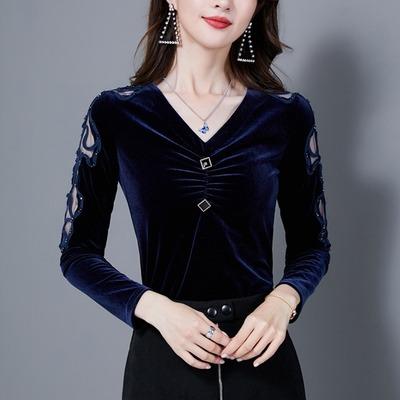 MZ105504 2021年秋季新款韩版V领百搭修身绣花丝绒长袖打底衫女内搭外穿T恤 商品图2