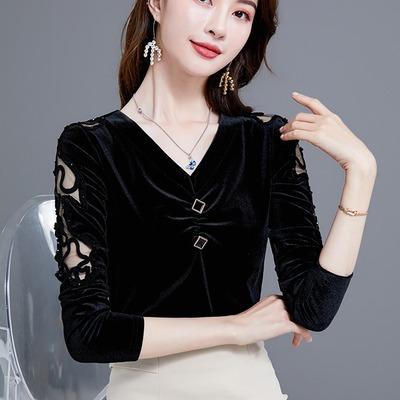 MZ105504 2021年秋季新款韩版V领百搭修身绣花丝绒长袖打底衫女内搭外穿T恤 商品图1