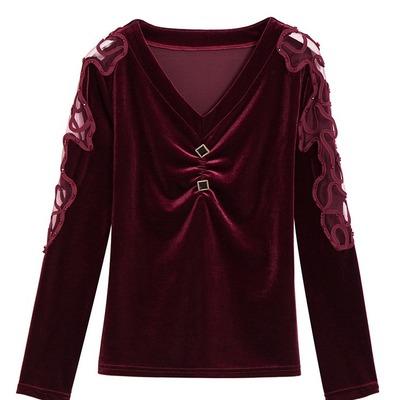 MZ105504 2021年秋季新款韩版V领百搭修身绣花丝绒长袖打底衫女内搭外穿T恤 商品图3